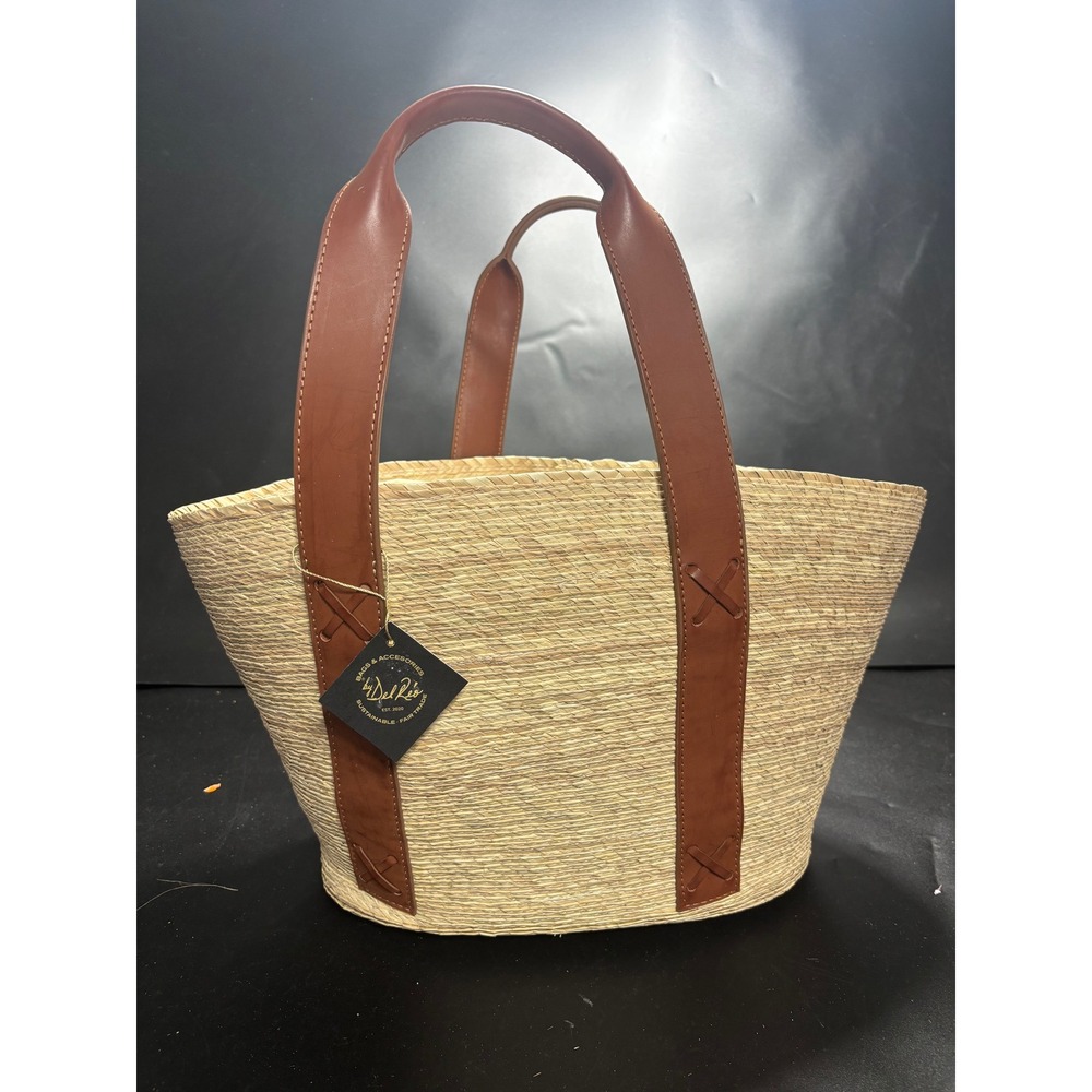 By Del Rio Woven Straw Tote Bag Brown Leather Straps Sustainable Mexico 00-138
